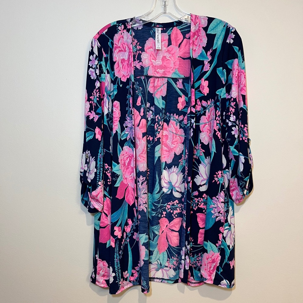 Dear Scarlett Top Open Front Cardigan Jacket Topper Navy Blue Pink Floral Large
